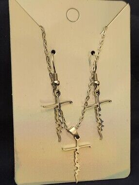 Silver Cross Pendant Necklace and Earring Set